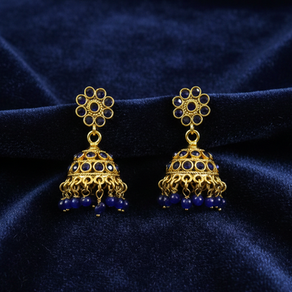 Gold Plated Jhumka with Blue Stones and Blue Beads