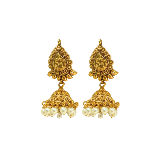 Gold plated Jhumka lakshmi design with white pearls