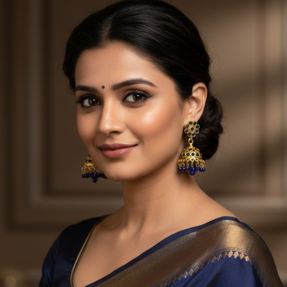 Gold Plated Jhumka with Blue Stones and Blue Beads