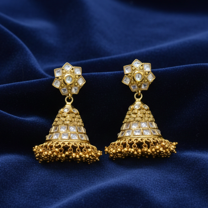 Kundan Stones Jhumka with Hanging Golden Beads