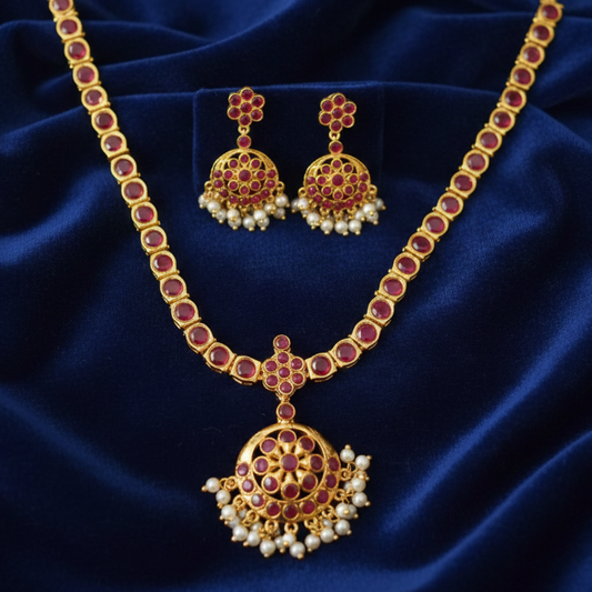 Gold Plated Necklace With Pink Stone And Pearls