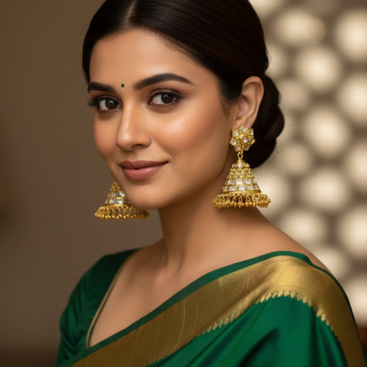 Kundan Stones Jhumka with Hanging Golden Beads