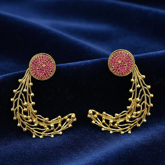 Red Stones Leaf Pattern Ear Cuffs