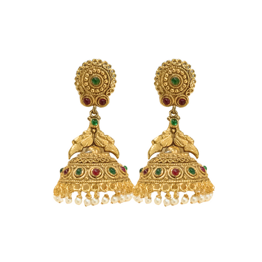Gold Plated Jhumka With Red And Green Stone