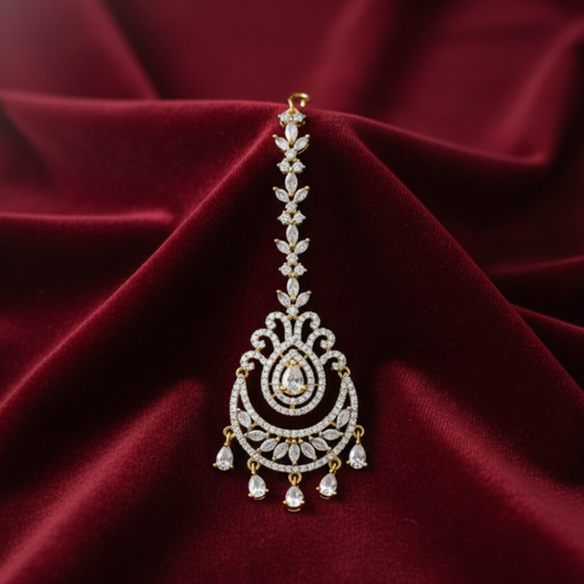 Gold Plated Maang Tikka With White Stones
