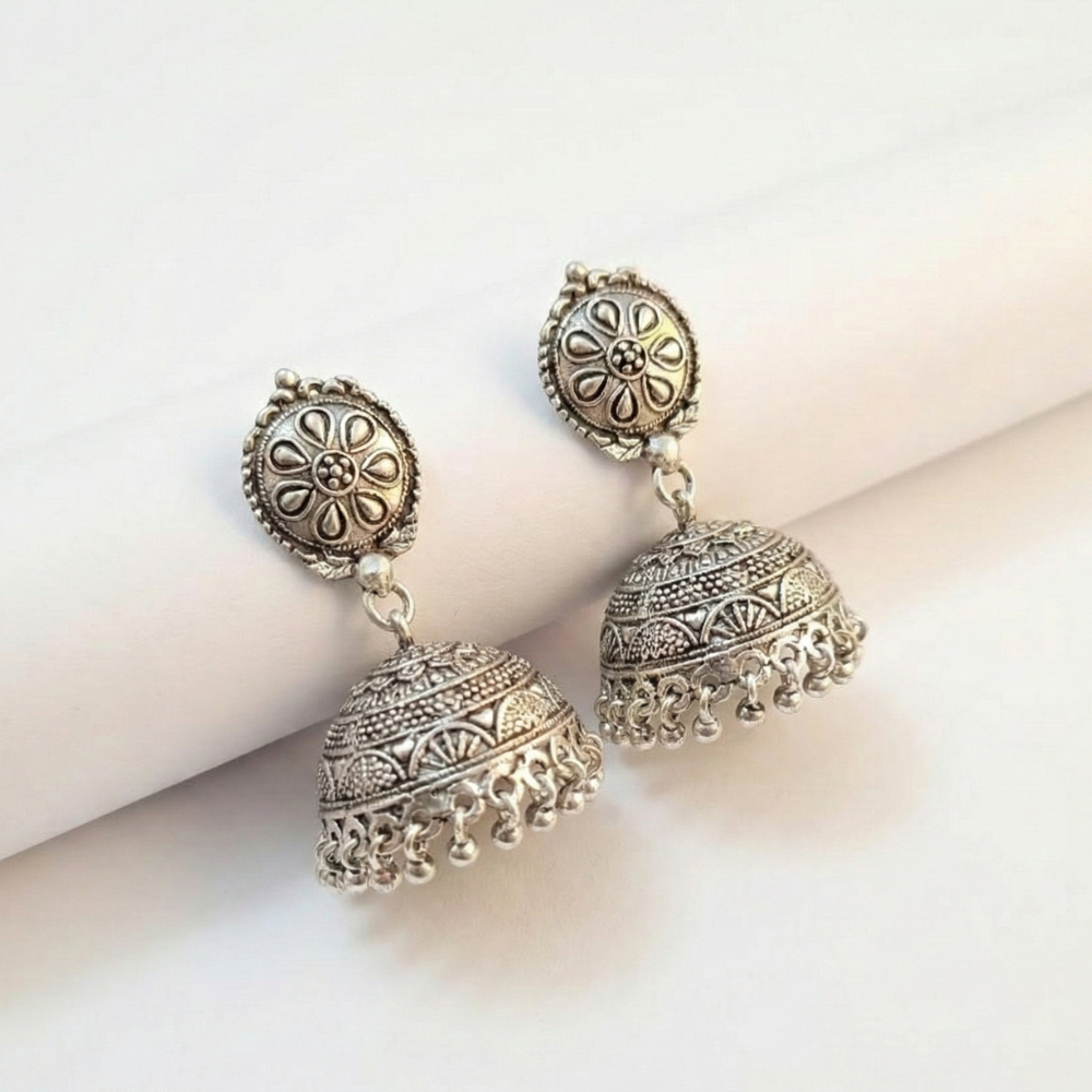 Oxidised Silver Casualwear Jhumkas with Hanging Beads