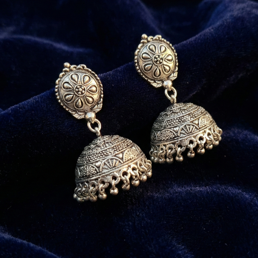 Oxidised Silver Casualwear Jhumkas with Hanging Beads