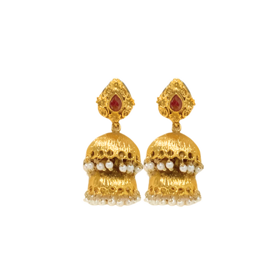 Gold Plated Jhumka Red stones With White beads