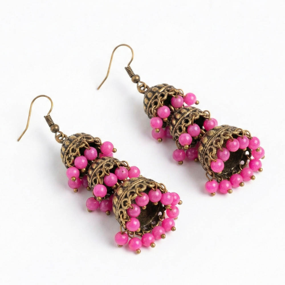 Oxidised Three Layer Pink Hanging Jhumkas