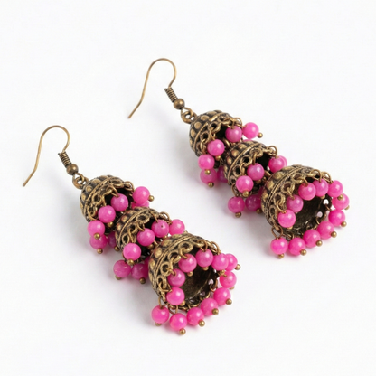 Oxidised Three Layer Pink Hanging Jhumkas
