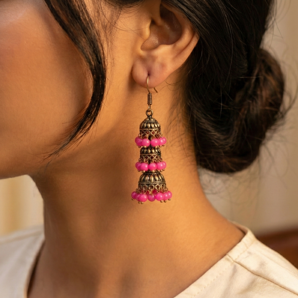 Oxidised Three Layer Pink Hanging Jhumkas