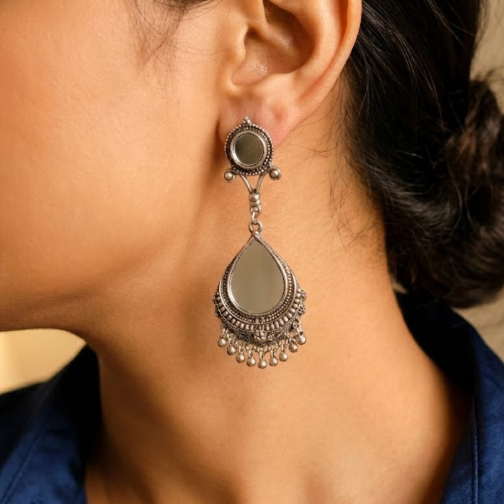 Mirror Chandbali Hanging Beads Earrings