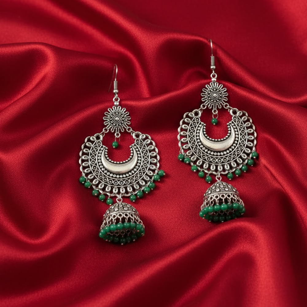 Oxidised Big Round Chandbali Pattern Jhumkas with Beads