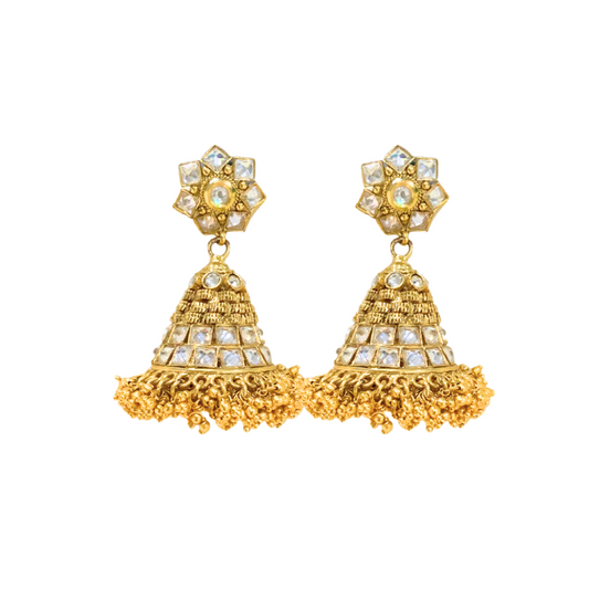 Gold plated jhumka with white stone and spring design