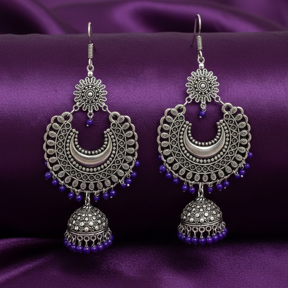 Oxidised Big Round Chandbali Pattern Jhumkas with Beads
