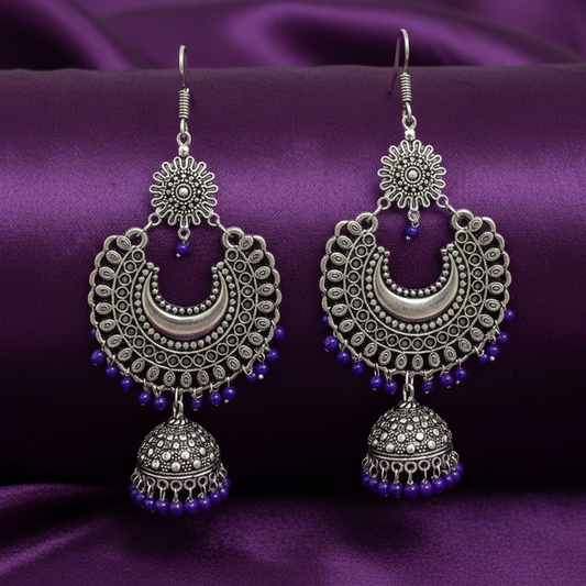 Oxidised Big Round Chandbali Pattern Jhumkas with Beads