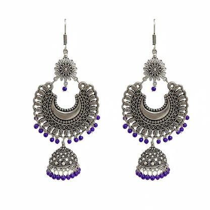 Oxidised Big Round Chandbali Pattern Jhumkas with Beads