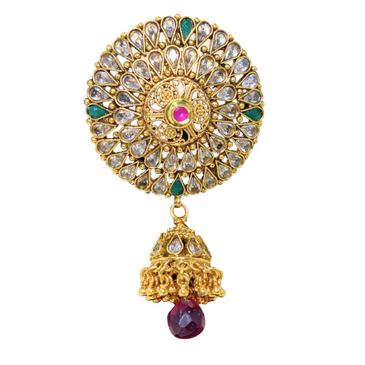 Gold plated saree pin with round white and green stone