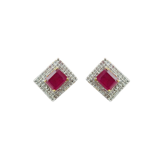 Gold plated box stud with white and pink stone