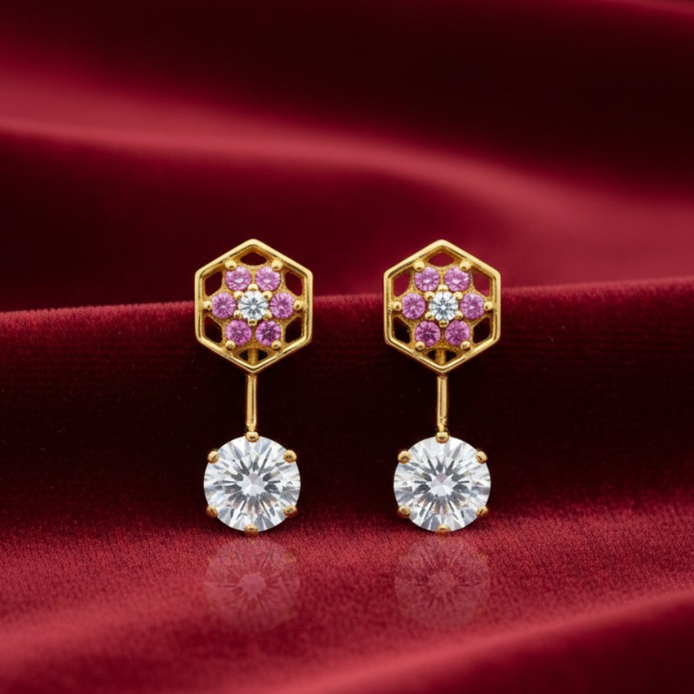 Pink Flower Studs with Hanging Stone