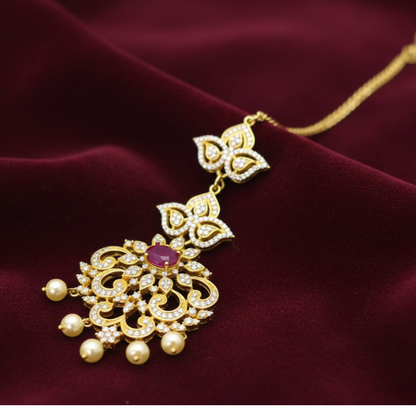 Gold Plated Maang Tikka - Pink with White Stones