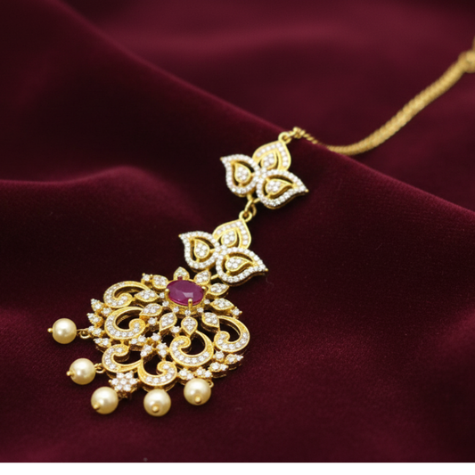 Gold Plated Maang Tikka - Pink with White Stones