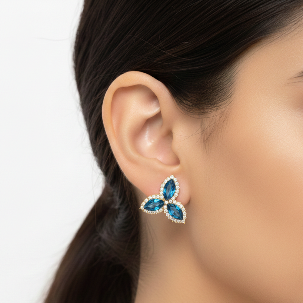 Three Leaf Blue and White Stones Flower Studs
