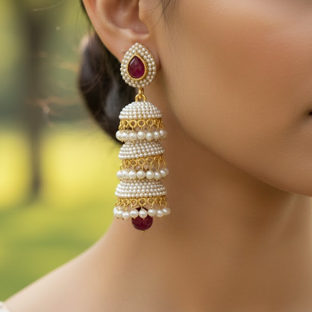 Triple Jhumka with White Pearls & Red Stones