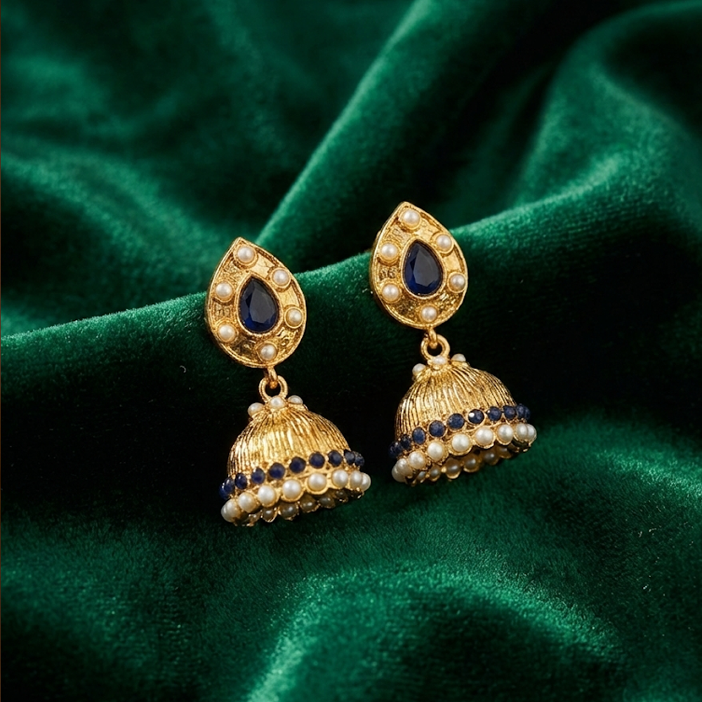 Black Stone Antique Jhumka with Hanging Pearls