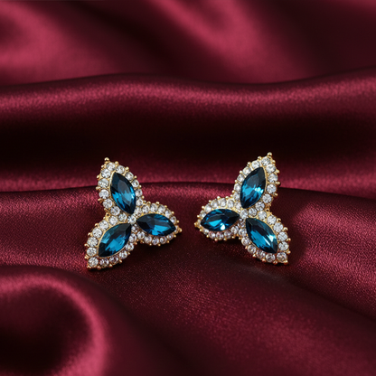 Three Leaf Blue and White Stones Flower Studs