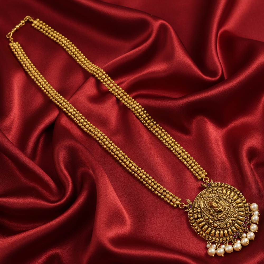 Gold Plated Big Round Necklace With Lakshmi and Pearls