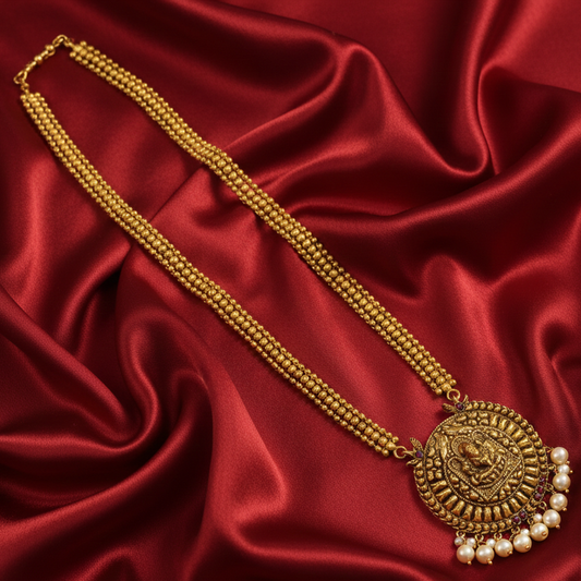 Gold Plated Big Round Necklace With Lakshmi and Pearls