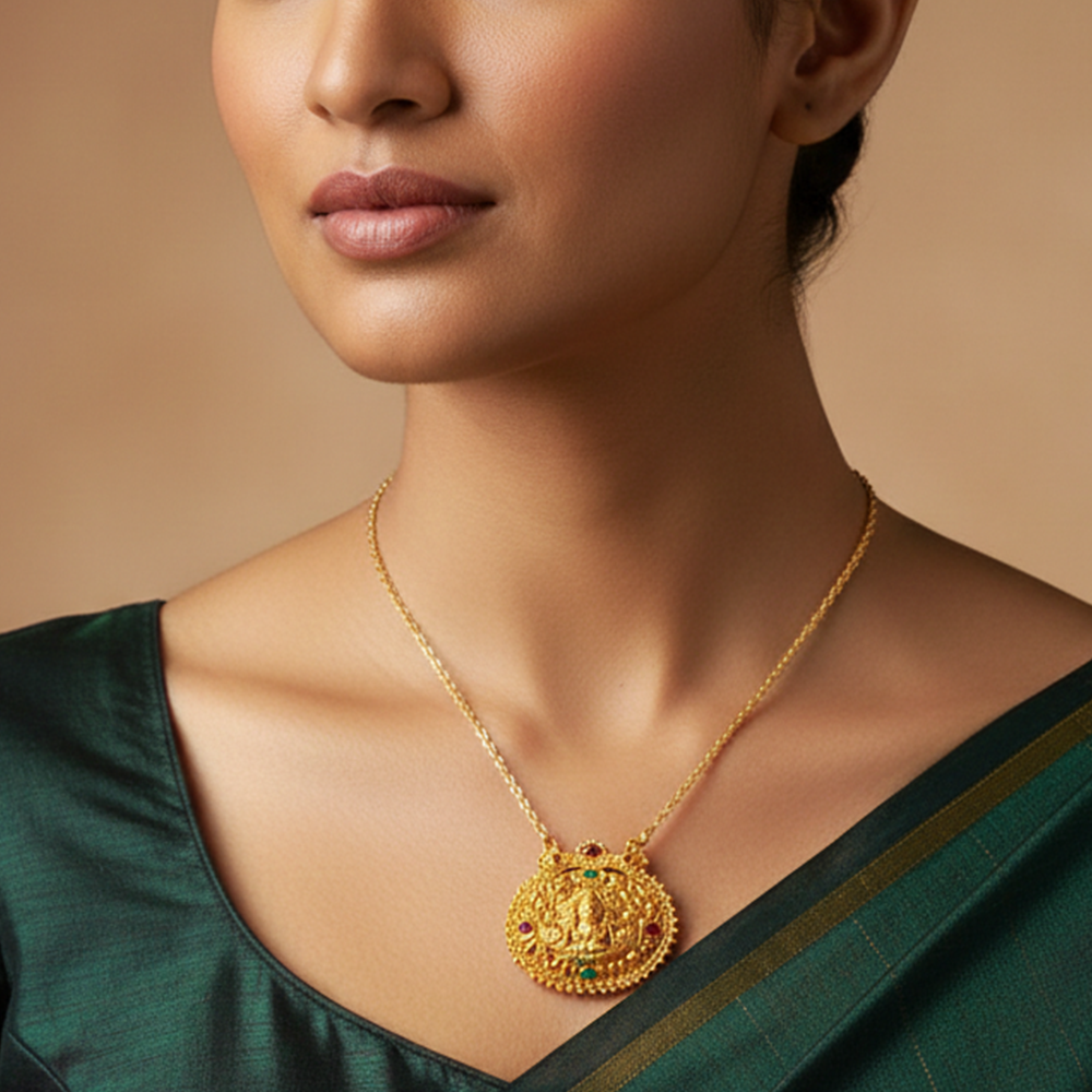 Lakshmi Dollar Traditional Pendant with Red and Green Stones