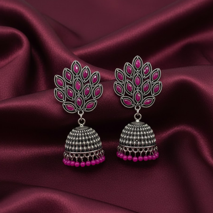 Oxidised Classic Pink Stones Jhumka