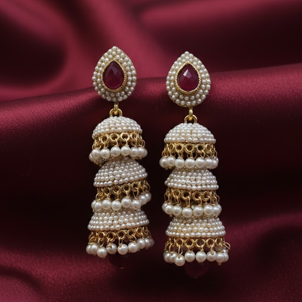 Triple Jhumka with White Pearls & Red Stones