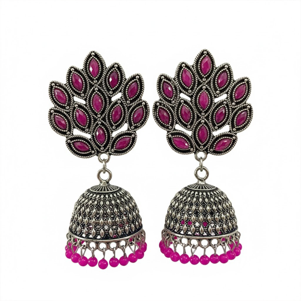 Oxidised Classic Pink Stones Jhumka