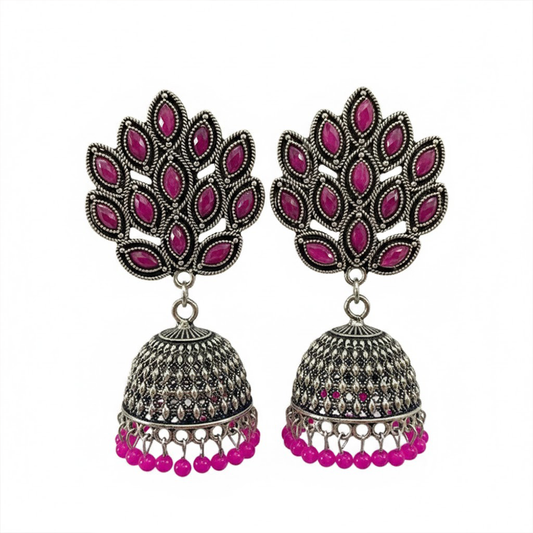 Oxidised Classic Pink Stones Jhumka