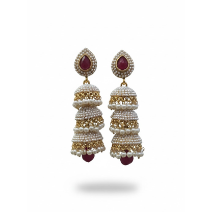 Triple Jhumka with White Pearls & Red Stones