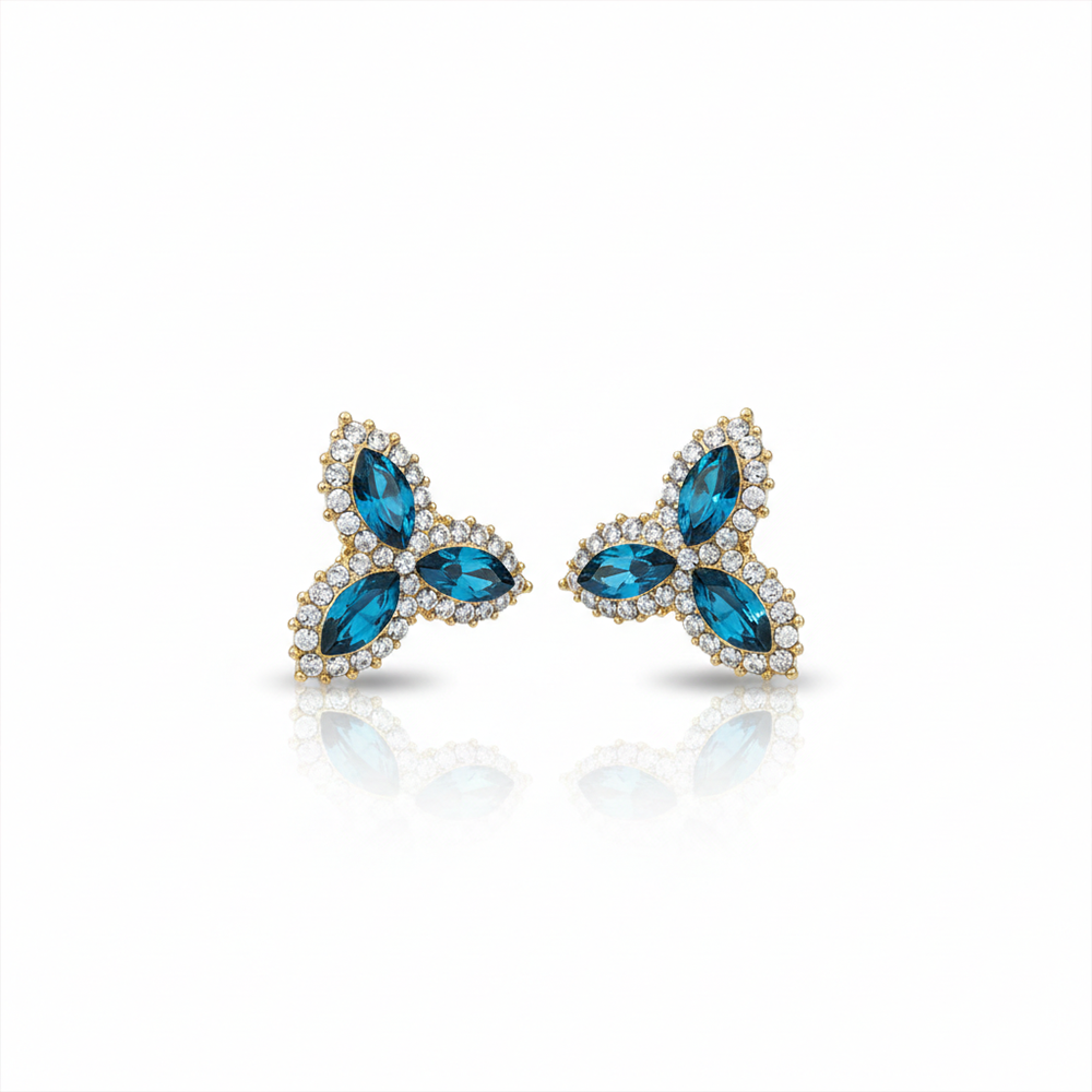 Three Leaf Blue and White Stones Flower Studs