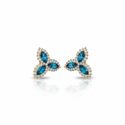 Three Leaf Blue and White Stones Flower Studs
