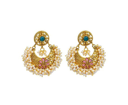 Golden Chandbali With Green Stone & White Pearls