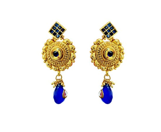 Gold plated jhumka with blue stones manga design white pearls