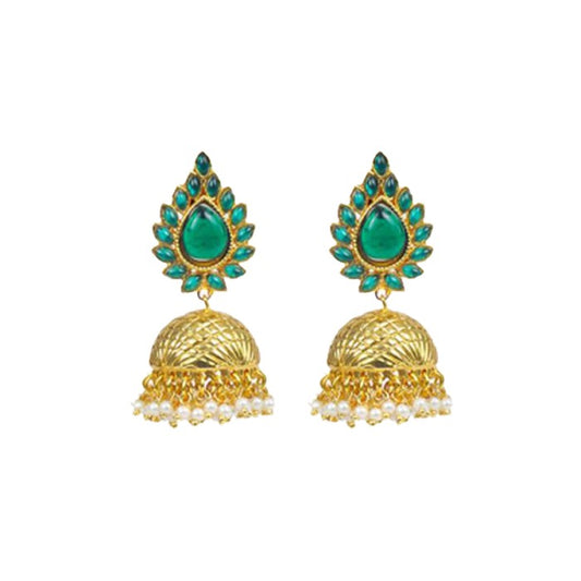 Golden Jhumkas With Leaf Green Stones