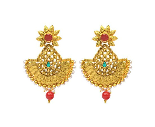 Gold Plated Jhumka With Red Flower & Bead