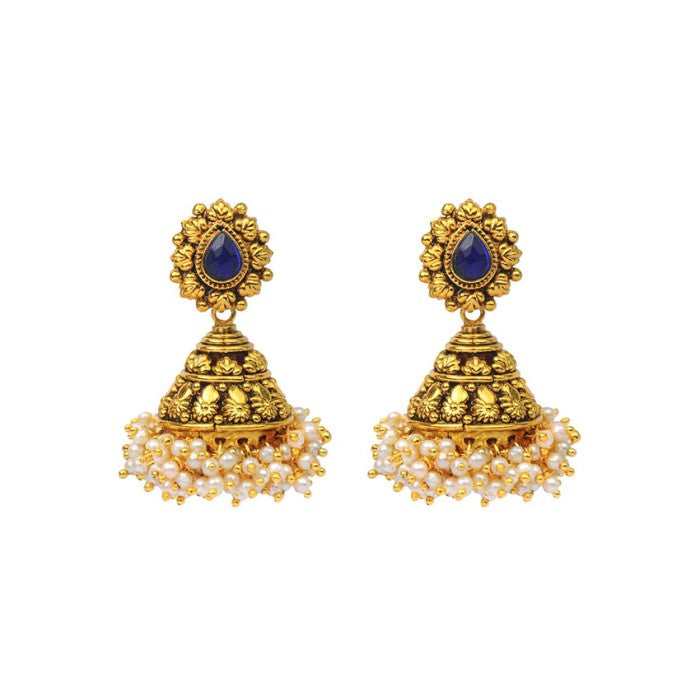 Golden Jhumka With Blue Stone And Small White Pearls