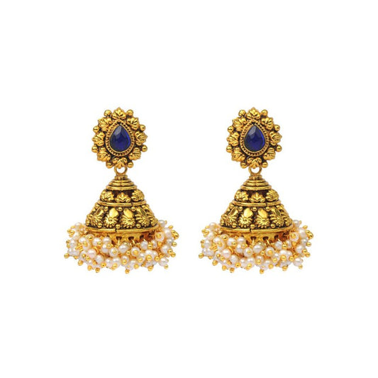 Golden Jhumka With Blue Stone And Small White Pearls
