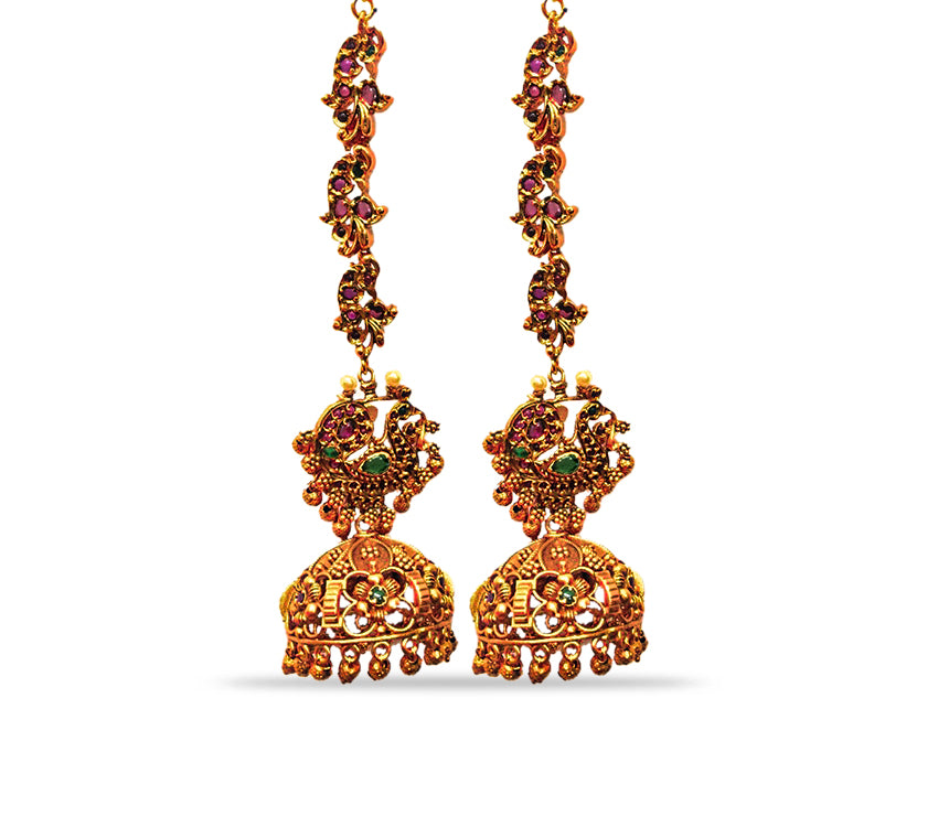 Jhumkas with red and green stone