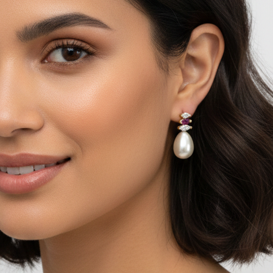 Pearl Drop With Pink and White Stones