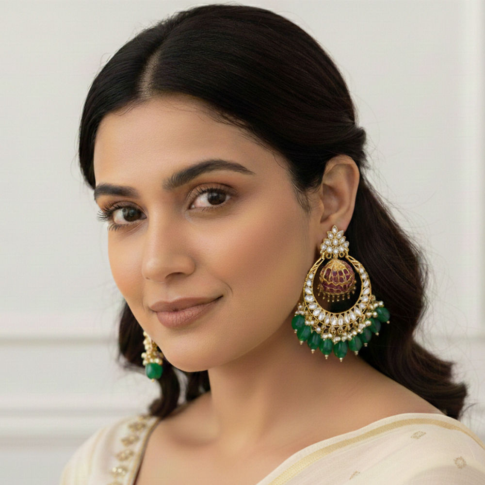 Jhumka Chandbali with White, Red Stones & Green Beads