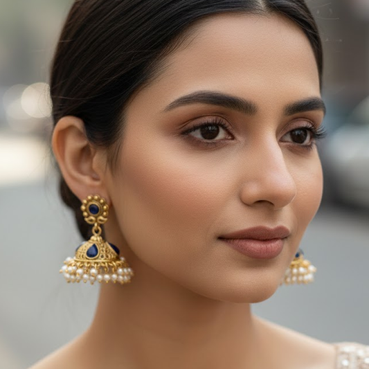 Jhumka with Dark Blue Stones with White Pearls